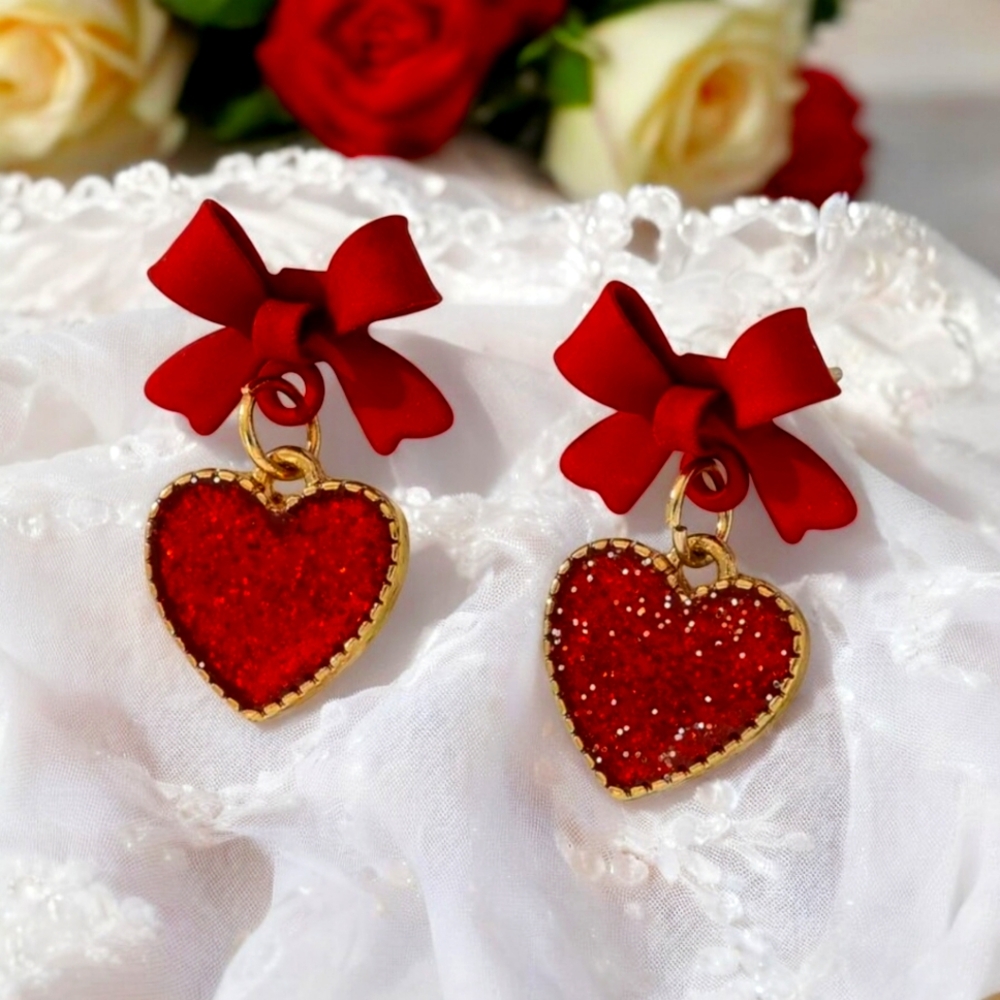Red Heart & Bow Earrings Sparkling Alloy Gold Plated‎